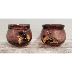 Set of 2 Bullseye Design Glass Candle Holder Wire Wrap Leaves Left Berries